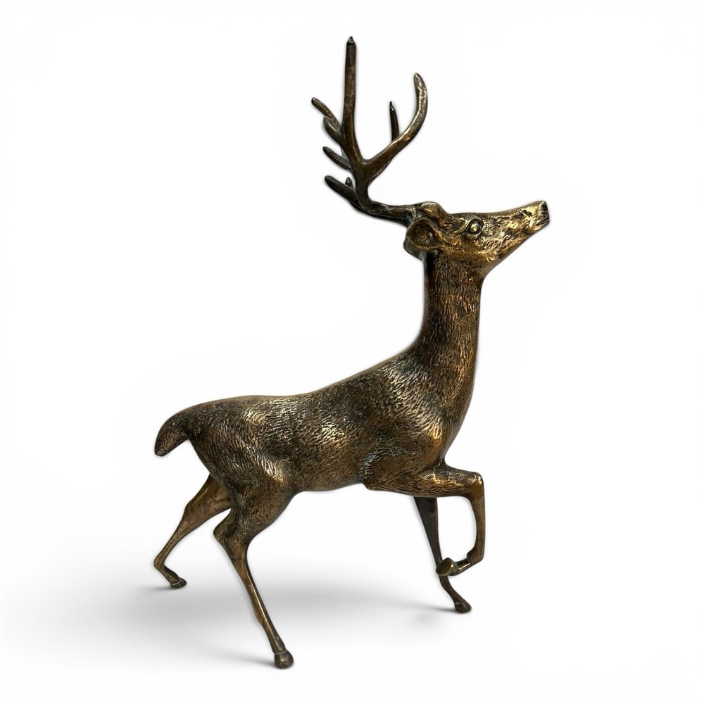 Lg Vtg Polished Brass Deer Stag Buck Figurine Statue Sculpture MCM 8lbs 21"x16"